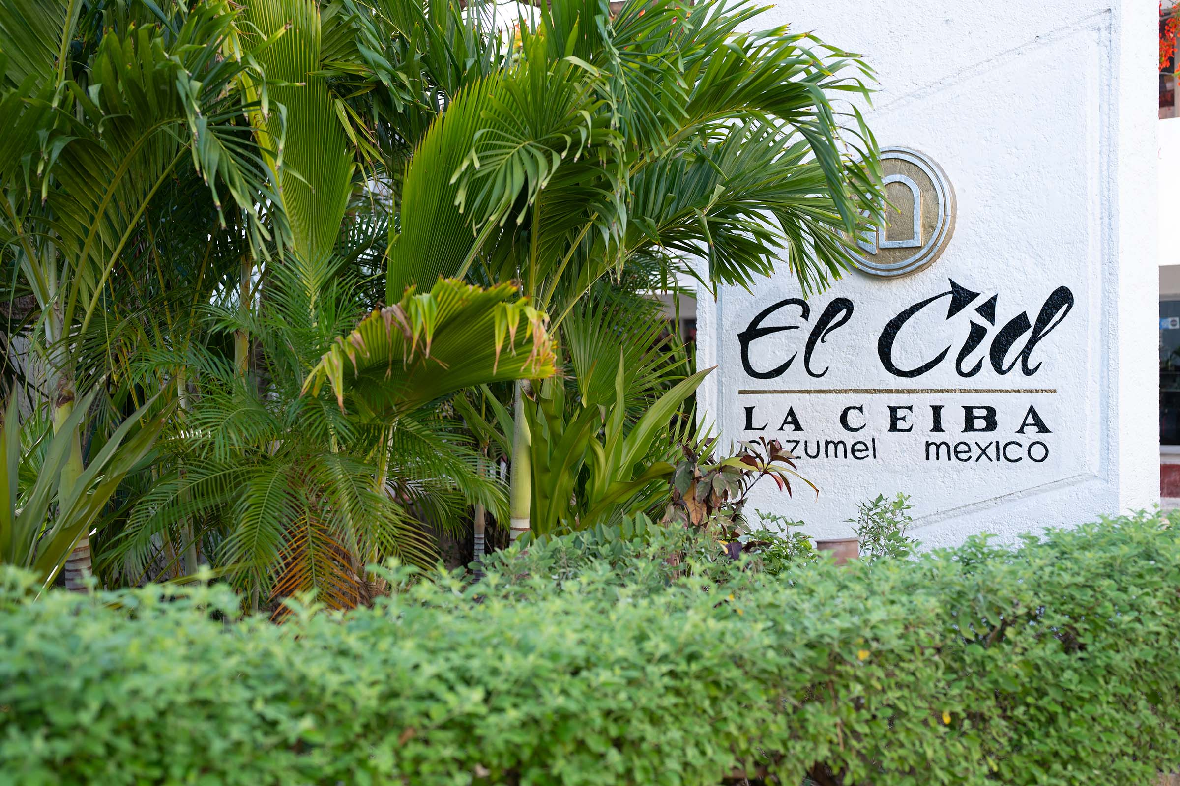 El Cid La Ceiba, Cozumel, hotel signage on a white stone slab beside palm trees